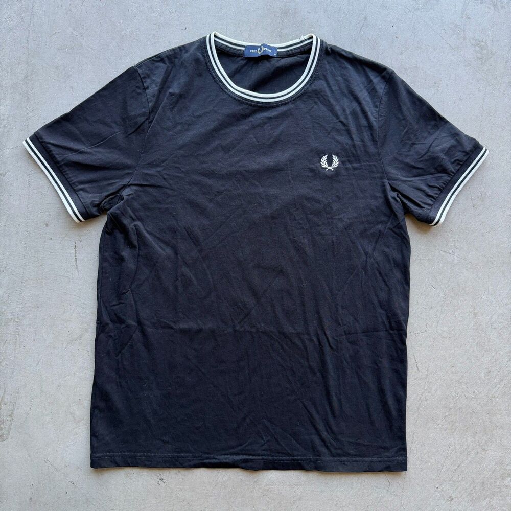 Fred Perry Shirt Mens M Black Cotton Ringer Trim Short Sleeve Embroidered Logo